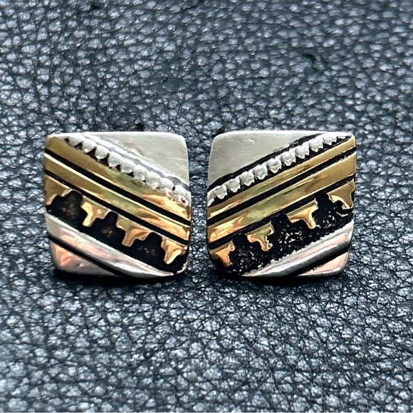 Vintage Tommy Charlie Navajo Sterling Silver Gold Sculptural Earrings - Picture 8 of 10